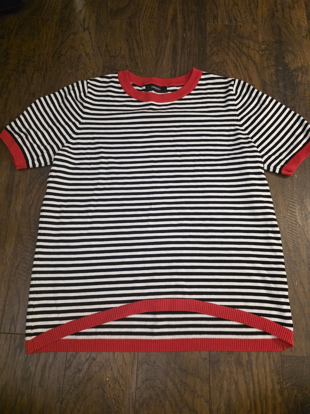 Dokotoo Black & White Striped Short Sleeve Tee with Red Trim